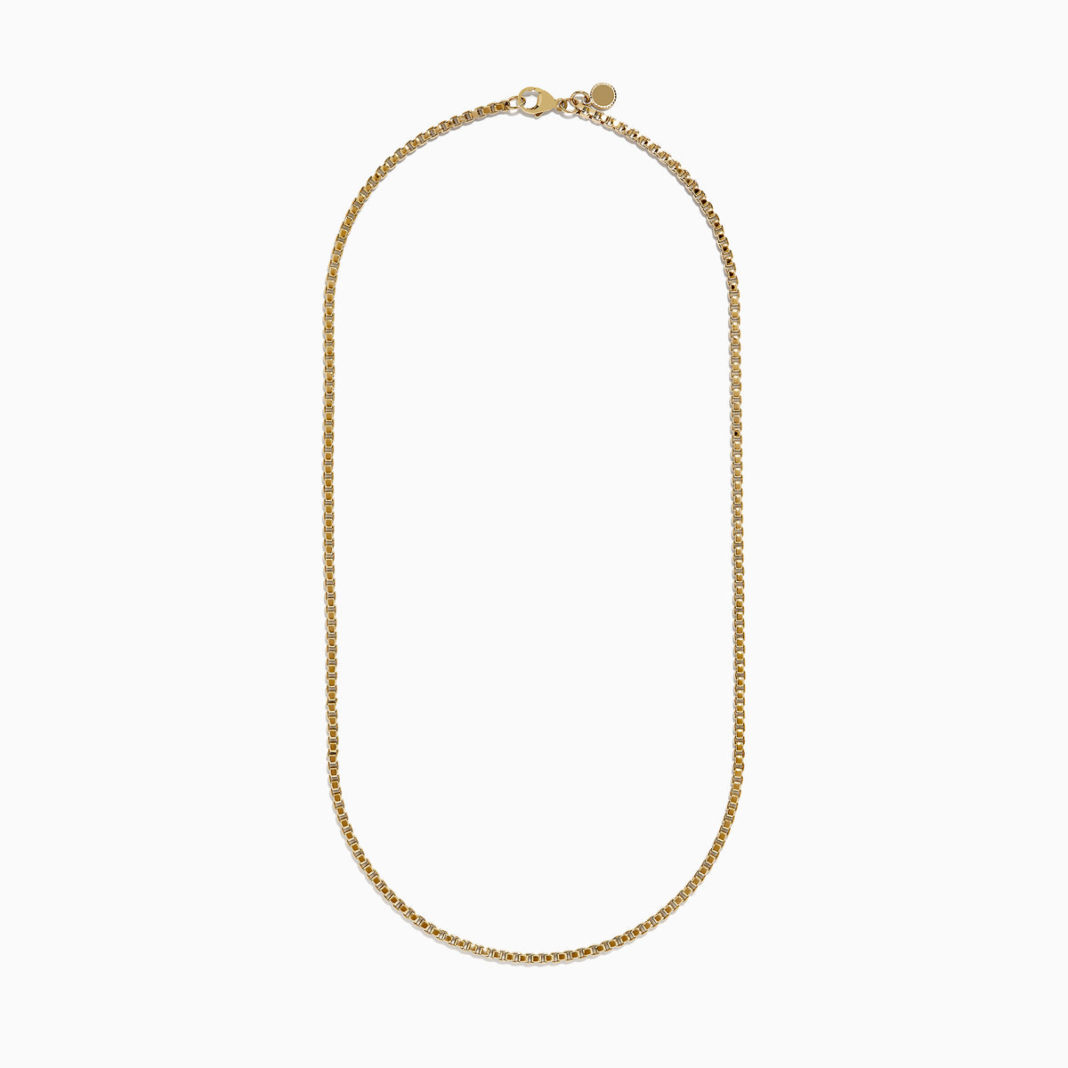 A Mens 14K Yellow Gold Venetian Box Chain Necklace, 22, is shown on a white background in a U-shape. It features small, square links and a polished, reflective finish.