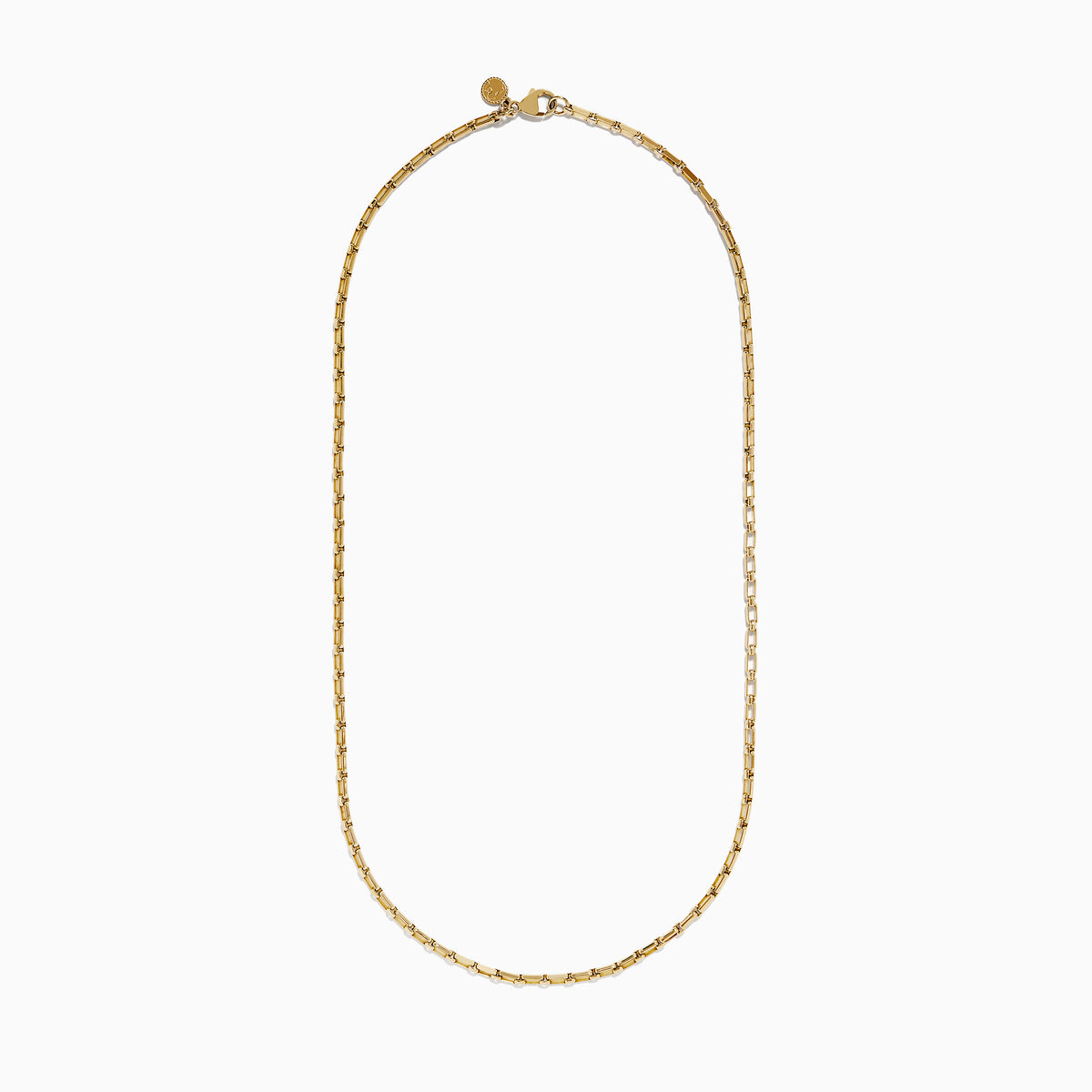 The Mens 14K Yellow Gold Luciano Box Chain Necklace, 22, features rectangular links and a simple, elegant design. Displayed against a white background in a loose semicircle, its perfect for any occasion.