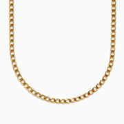 The Men's 14K Yellow Gold Solid Oval Curb Chain Necklace, 22", featuring flat interlocking links, is shown in a symmetrical semi-circle against a plain white background.