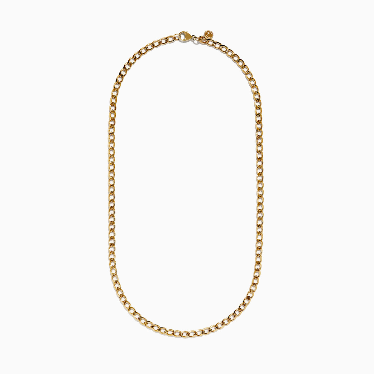 The Men's 14K Yellow Gold Solid Oval Curb Chain Necklace, 22", featuring flat interlocking links, is shown in a symmetrical semi-circle against a plain white background.