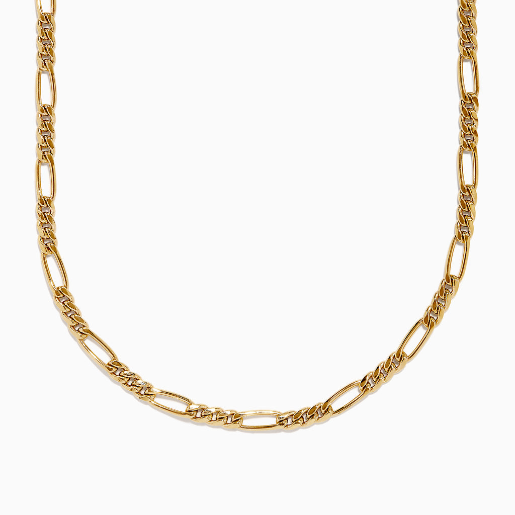The Mens 14K Yellow Gold Oval Figaro 22 Chain Necklace features a repeating pattern of short and elongated oval links, showcased on a white background—an elegant mens jewelry choice.