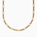 The Mens 14K Yellow Gold Oval Figaro 22 Chain Necklace features a repeating pattern of short and elongated oval links, showcased on a white background—an elegant mens jewelry choice.