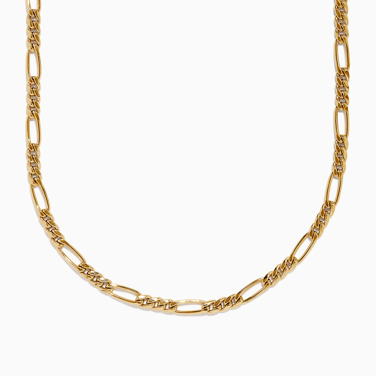 The Mens 14K Yellow Gold Oval Figaro 22 Chain Necklace features a repeating pattern of short and elongated oval links, showcased on a white background—an elegant mens jewelry choice.