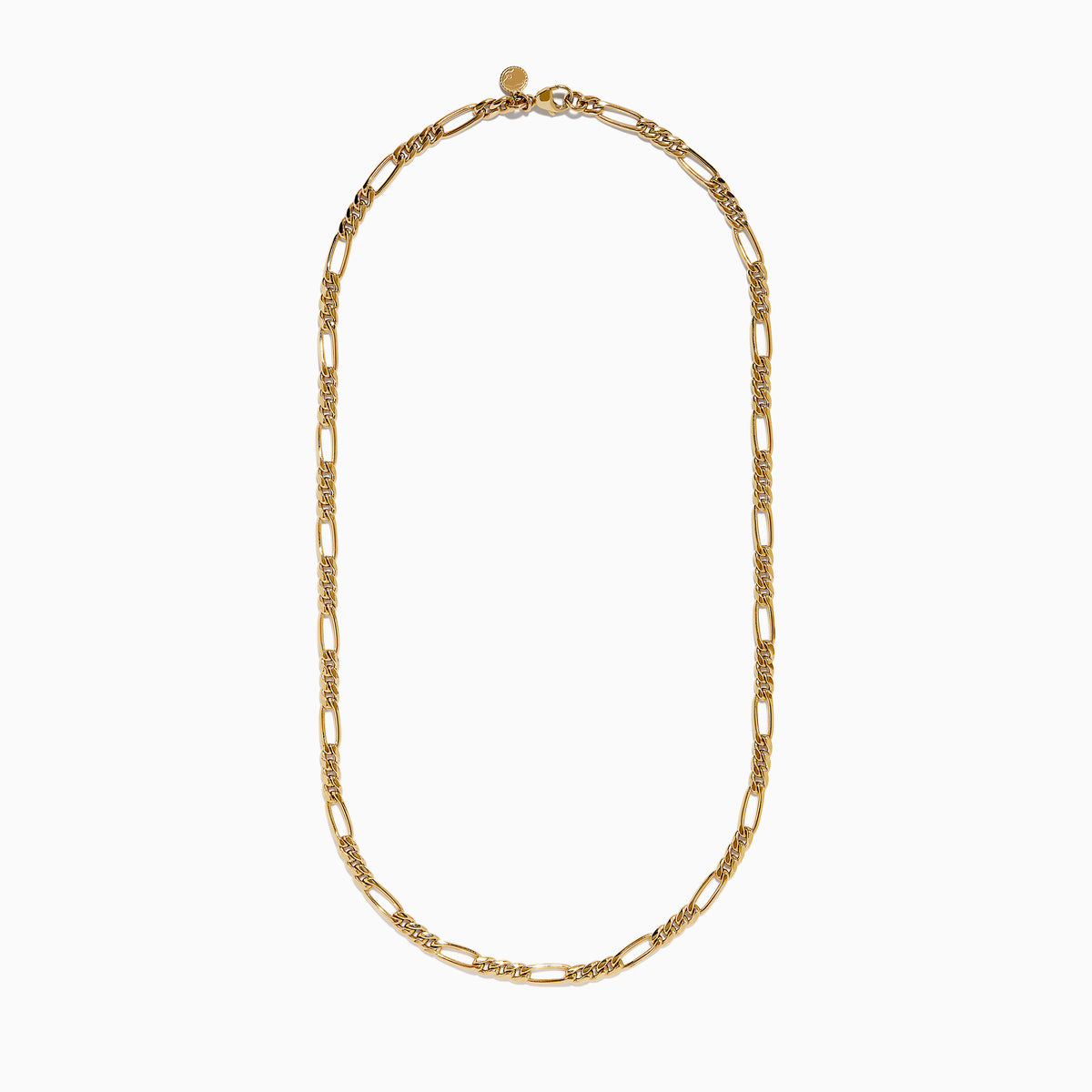 The Mens 14K Yellow Gold Oval Figaro 22 Chain Necklace features a repeating pattern of short and elongated oval links, showcased on a white background—an elegant mens jewelry choice.