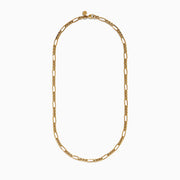 The Mens 14K Yellow Gold Oval Figaro 22 Chain Necklace features a repeating pattern of short and elongated oval links, showcased on a white background—an elegant mens jewelry choice.