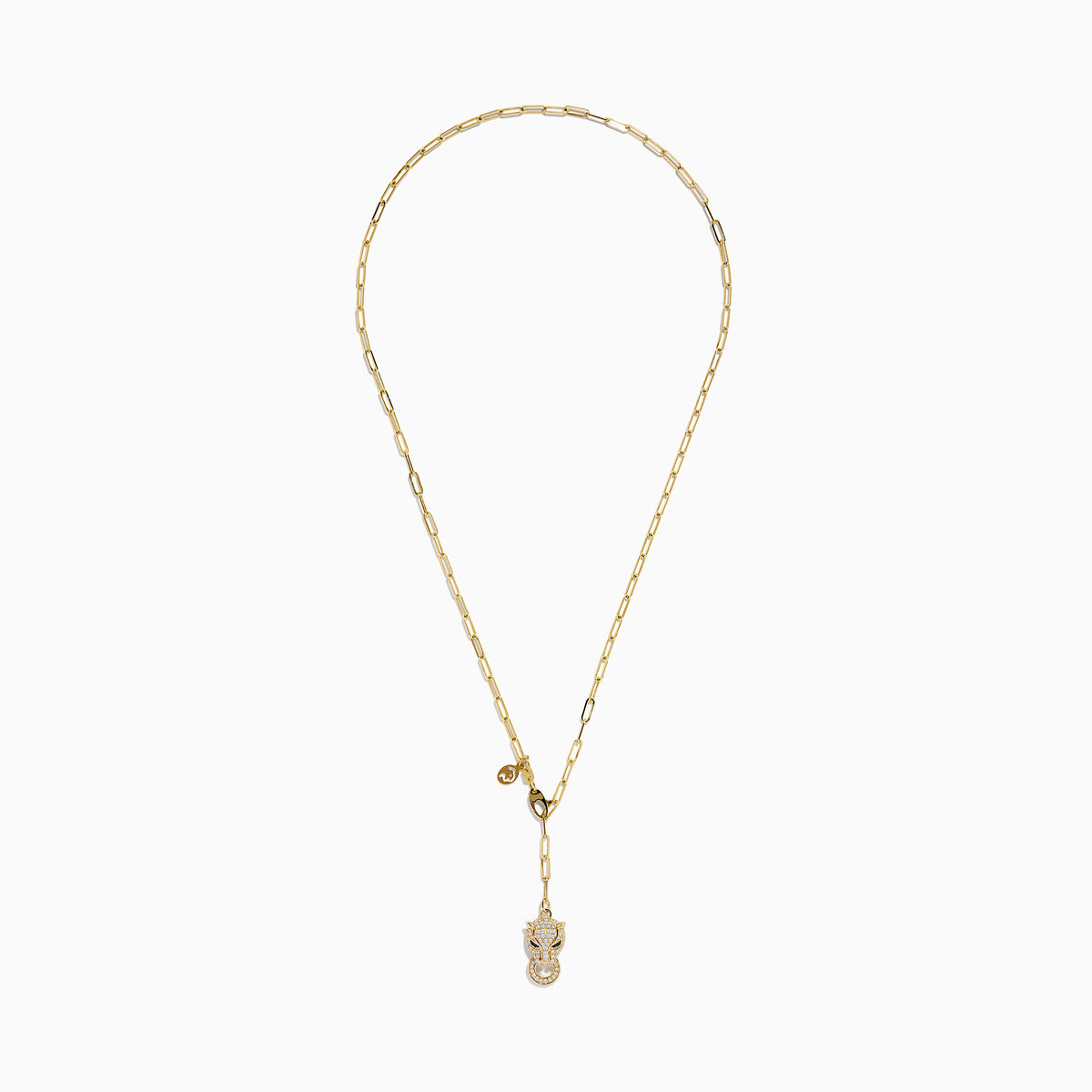 The Signature 14K Yellow Gold Diamond and Emerald Panther Necklace features a panther head pendant with diamond accents, emerald eyes, a circular ring in its mouth, an elongated link chain, and a small charm near the clasp.
