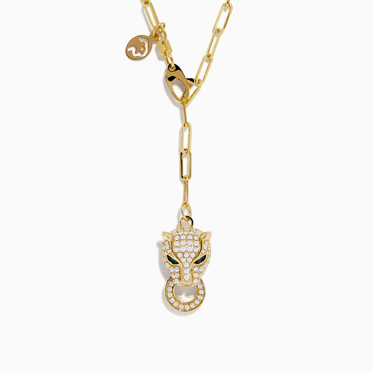 The Signature 14K Yellow Gold Diamond and Emerald Panther Necklace features a panther head pendant with diamond accents, emerald eyes, a circular ring in its mouth, an elongated link chain, and a small charm near the clasp.
