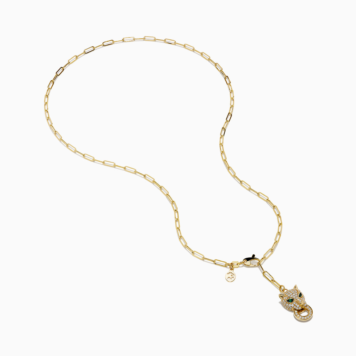 The Signature 14K Yellow Gold Diamond and Emerald Panther Necklace features a panther head pendant with diamond accents, emerald eyes, a circular ring in its mouth, an elongated link chain, and a small charm near the clasp.