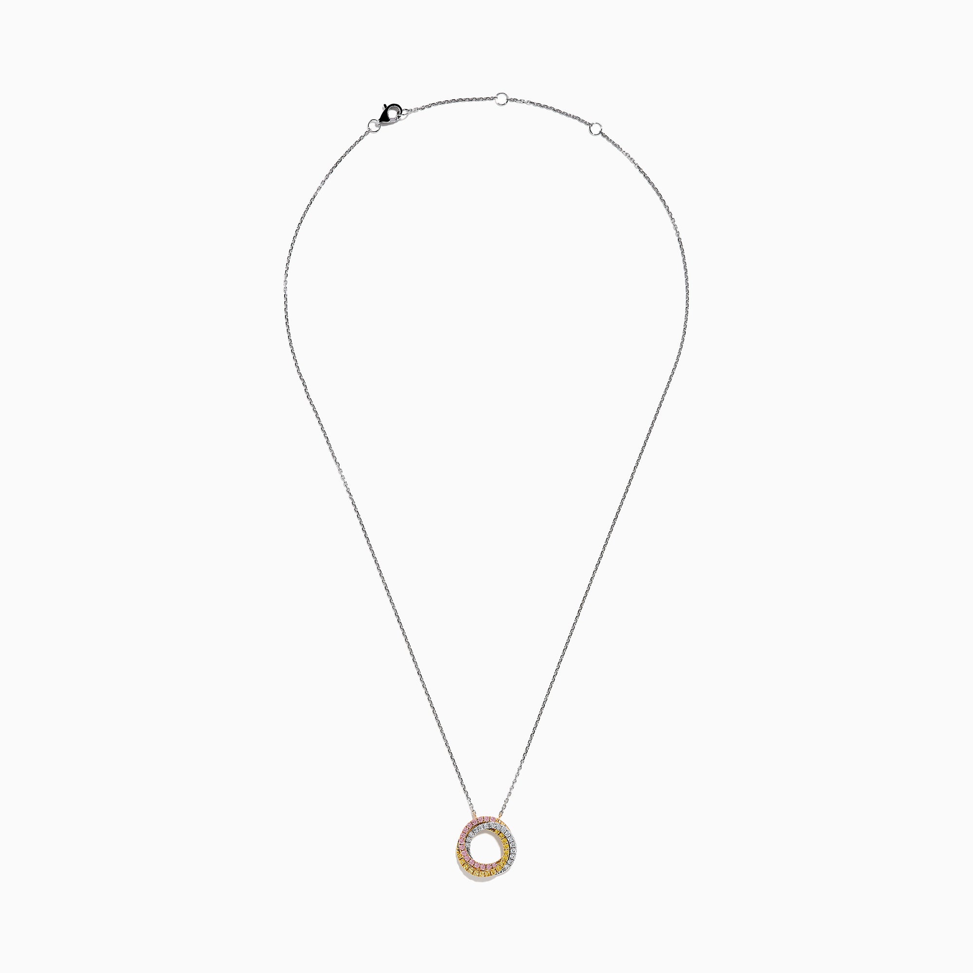 The 18K Tri-Color Gold Natural Yellow, Pink and White Diamond Circle Necklace showcases a round pendant with three rows of diamonds in pink, yellow, and white, displayed on a delicate silver chain against a white background.