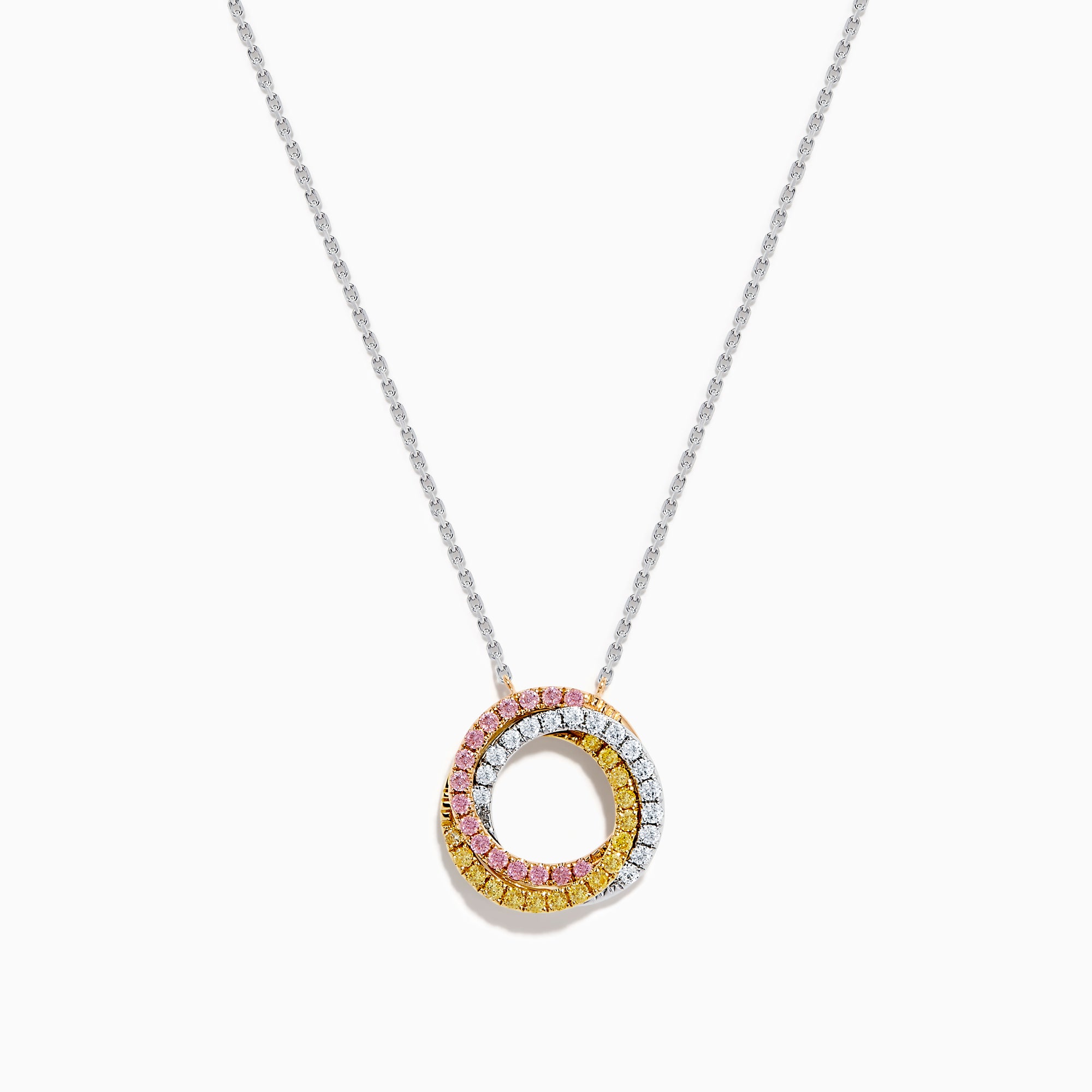 The 18K Tri-Color Gold Natural Yellow, Pink and White Diamond Circle Necklace showcases a round pendant with three rows of diamonds in pink, yellow, and white, displayed on a delicate silver chain against a white background.
