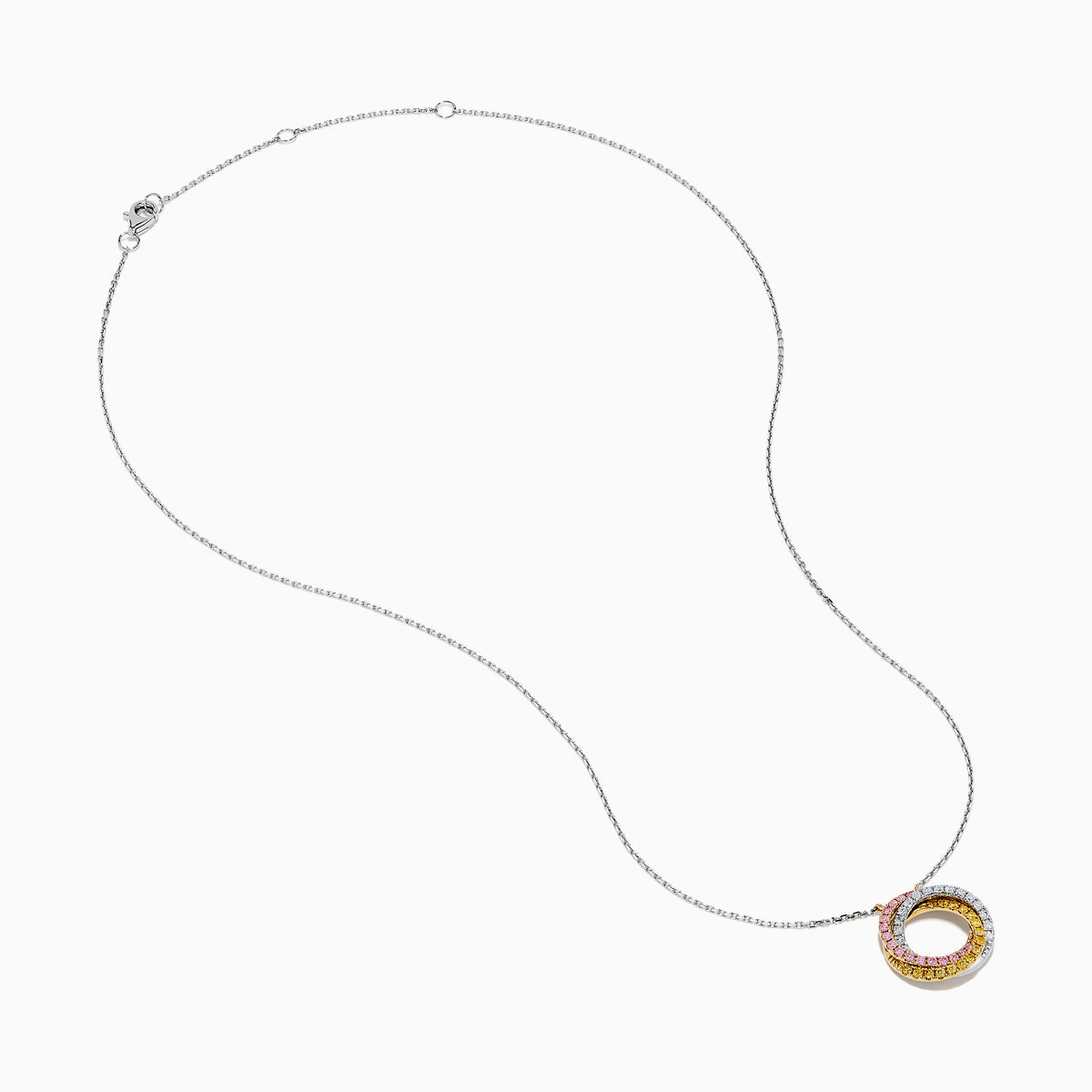 The 18K Tri-Color Gold Natural Yellow, Pink and White Diamond Circle Necklace showcases a round pendant with three rows of diamonds in pink, yellow, and white, displayed on a delicate silver chain against a white background.
