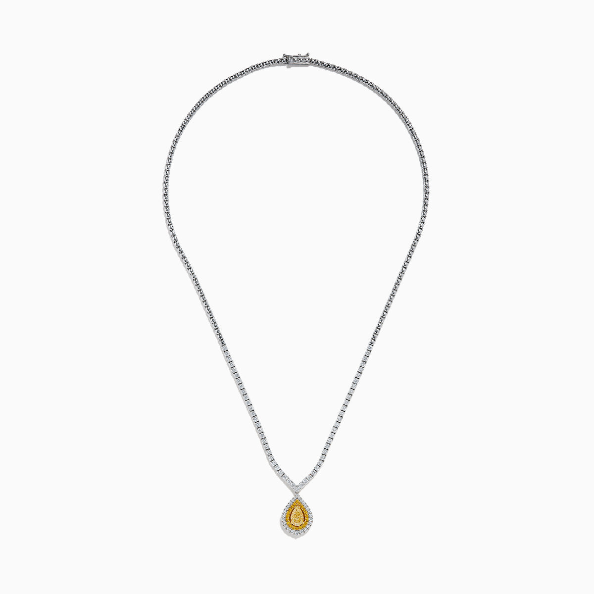 The 18K Two-Tone Gold Yellow and White Diamond Double Halo Necklace features a teardrop-shaped yellow gemstone pendant with a double halo of diamonds, hanging from a white diamond-set chain.