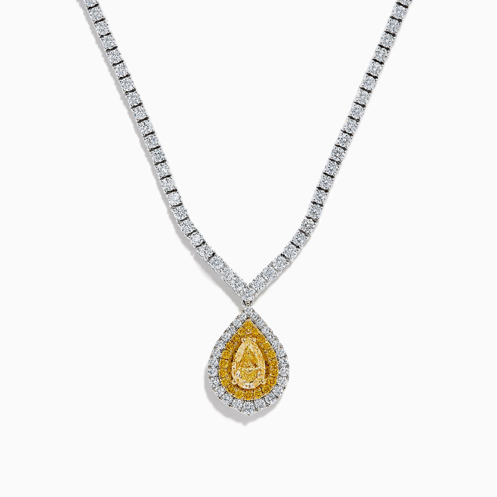 The 18K Two-Tone Gold Yellow and White Diamond Double Halo Necklace features a teardrop-shaped yellow gemstone pendant with a double halo of diamonds, hanging from a white diamond-set chain.