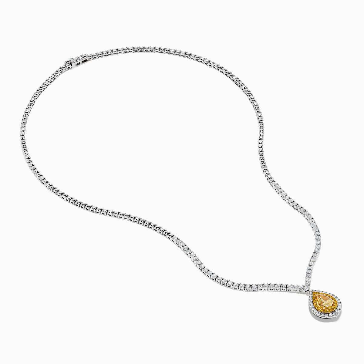 The 18K Two-Tone Gold Yellow and White Diamond Double Halo Necklace features a teardrop-shaped yellow gemstone pendant with a double halo of diamonds, hanging from a white diamond-set chain.