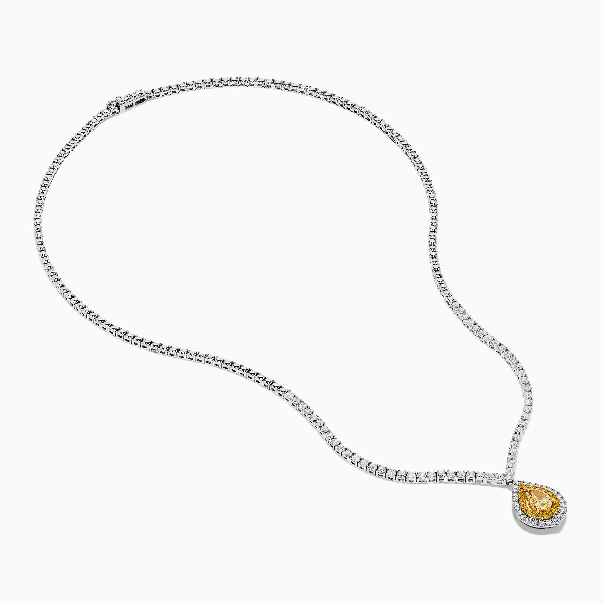 The 18K Two-Tone Gold Yellow and White Diamond Double Halo Necklace features a teardrop-shaped yellow gemstone pendant with a double halo of diamonds, hanging from a white diamond-set chain.