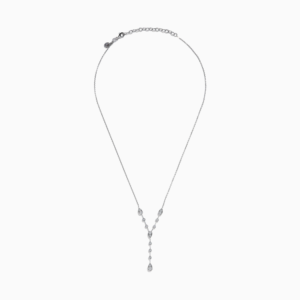 The 14K White Gold Bezel-Set Diamond Lariat Necklace showcases round and teardrop bezel-set diamonds in a Y-shaped design, all gracefully suspended from a delicate chain.