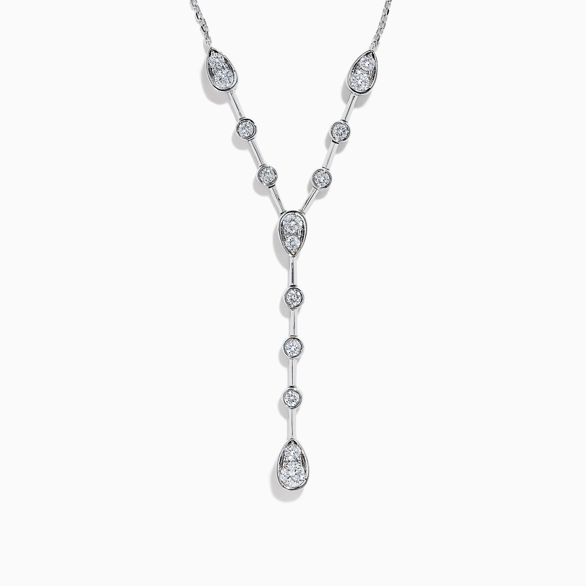 The 14K White Gold Bezel-Set Diamond Lariat Necklace showcases round and teardrop bezel-set diamonds in a Y-shaped design, all gracefully suspended from a delicate chain.