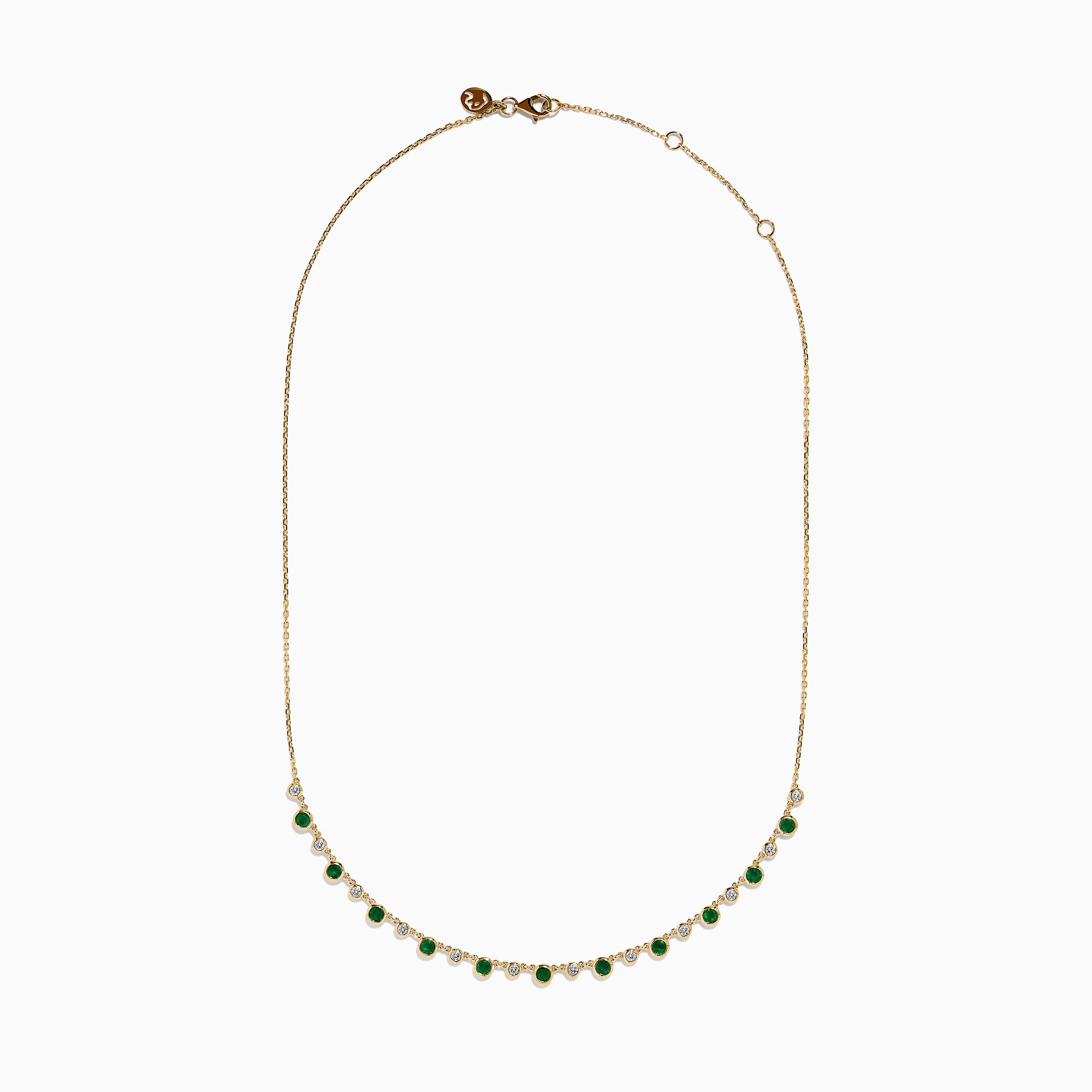 The 14K Yellow Gold Emerald and Diamond Bezel Set Station Necklace features alternating round emeralds and diamonds in bezel settings, evenly spaced along the front curve of the chain, displayed on a white background.