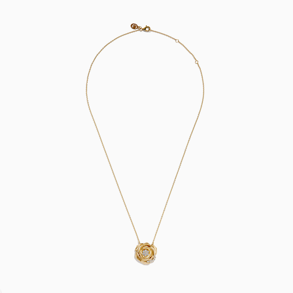 The 14K Yellow Gold Diamond Brushed Rose Flower Pendant Necklace features a blooming rose pendant accented with sparkling diamonds at the center and along one petal.