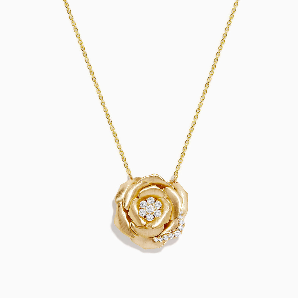 The 14K Yellow Gold Diamond Brushed Rose Flower Pendant Necklace features a blooming rose pendant accented with sparkling diamonds at the center and along one petal.