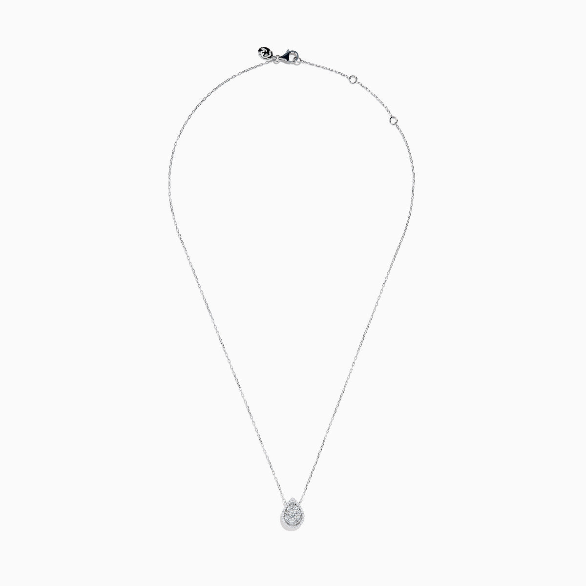 The 14K White Gold Diamond Cluster Pear Shaped Pendant Necklace features a pear-shaped diamond pendant with sparkling accents, set on a delicate white gold chain and shown against a plain white background.