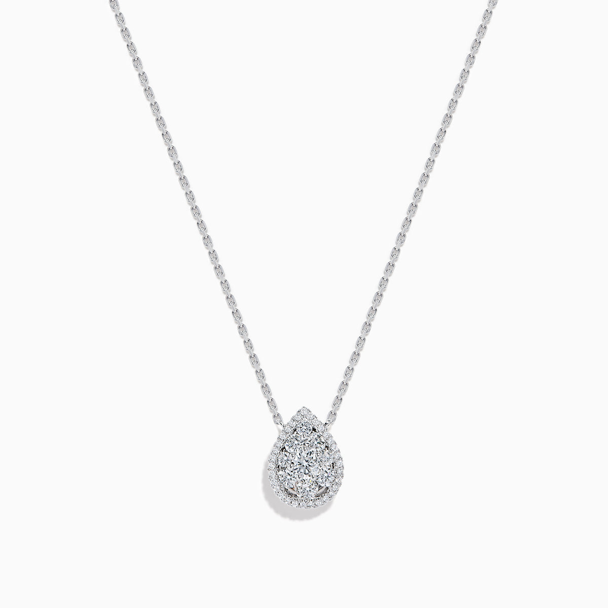 The 14K White Gold Diamond Cluster Pear Shaped Pendant Necklace features a pear-shaped diamond pendant with sparkling accents, set on a delicate white gold chain and shown against a plain white background.