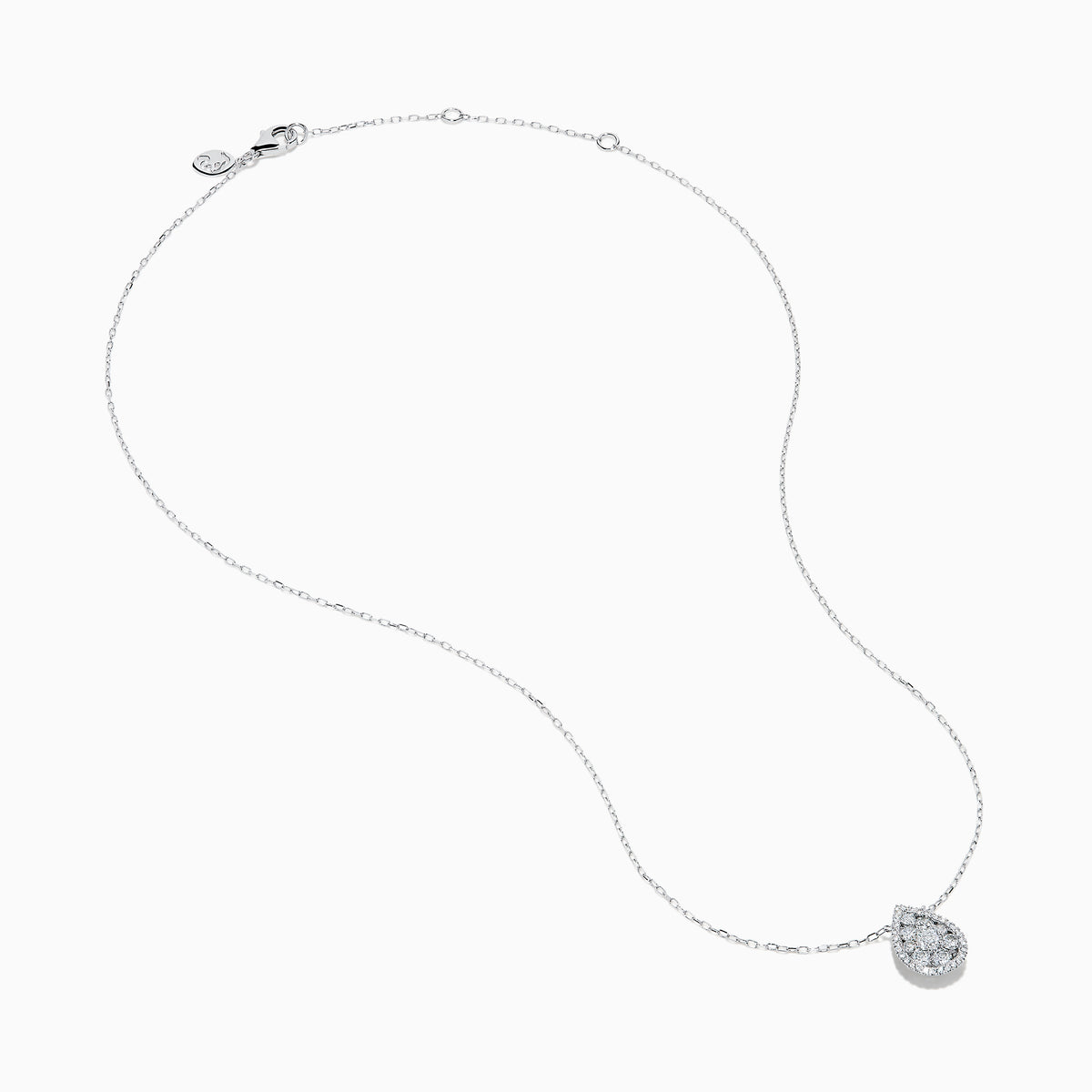 The 14K White Gold Diamond Cluster Pear Shaped Pendant Necklace features a pear-shaped diamond pendant with sparkling accents, set on a delicate white gold chain and shown against a plain white background.
