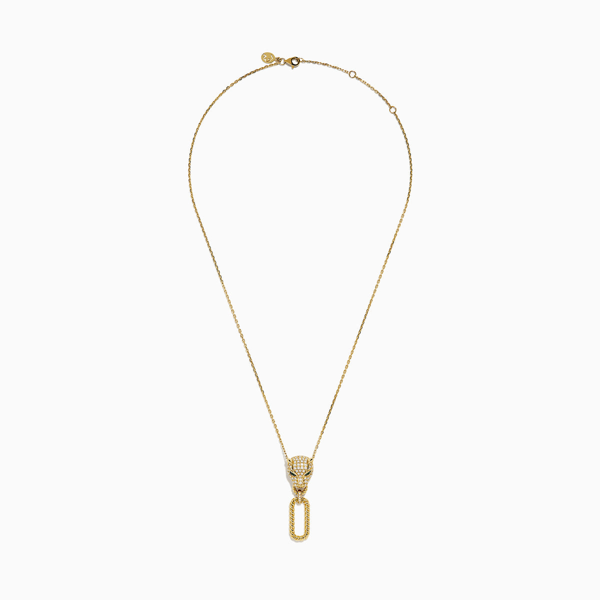 The Signature 14K Yellow Gold Diamond and Emerald Panther Pendant showcases a diamond-adorned panther head with green gemstone eyes and a textured gold link, creating a bold, luxurious necklace.