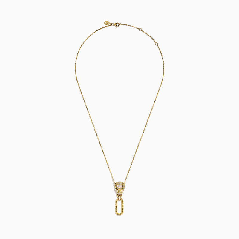 The Signature 14K Yellow Gold Diamond and Emerald Panther Pendant showcases a diamond-adorned panther head with green gemstone eyes and a textured gold link, creating a bold, luxurious necklace.