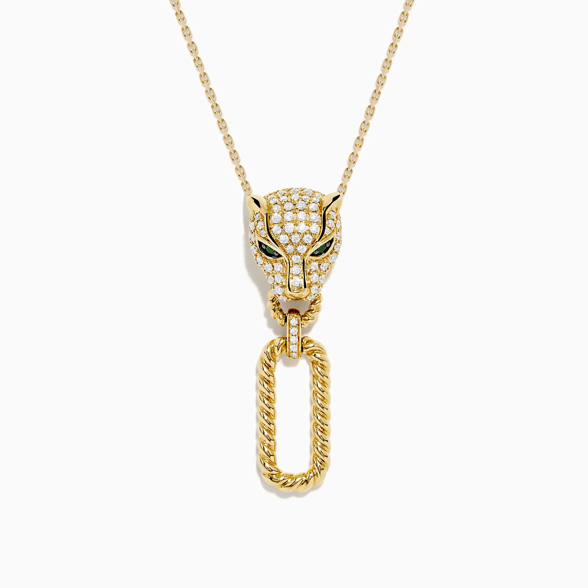 The Signature 14K Yellow Gold Diamond and Emerald Panther Pendant showcases a diamond-adorned panther head with green gemstone eyes and a textured gold link, creating a bold, luxurious necklace.