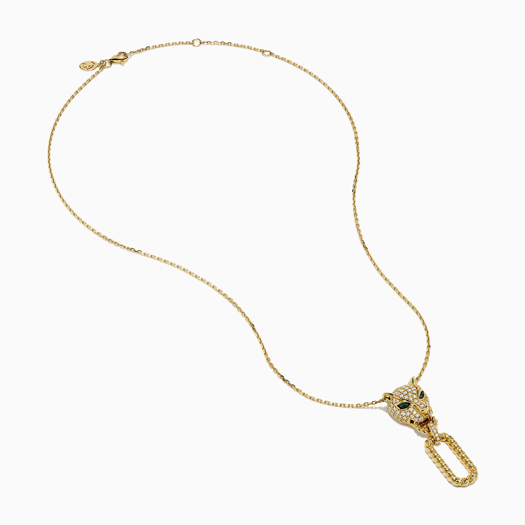 The Signature 14K Yellow Gold Diamond and Emerald Panther Pendant showcases a diamond-adorned panther head with green gemstone eyes and a textured gold link, creating a bold, luxurious necklace.