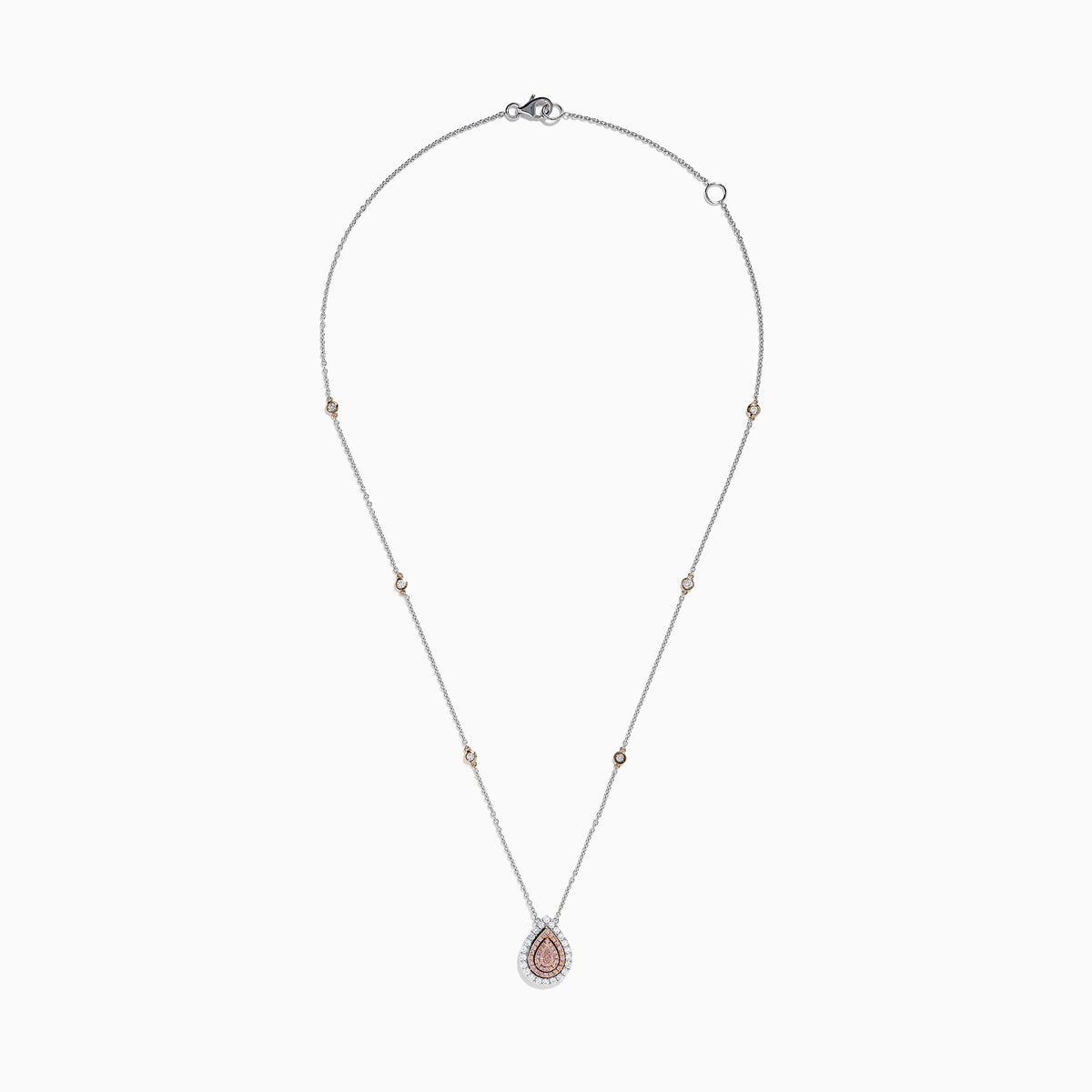 The 18K Two-Tone Gold Pink and White Diamond Pear Halo Pendant features sparkling pink and white diamonds on a two-tone gold design, creating an elegant halo look.