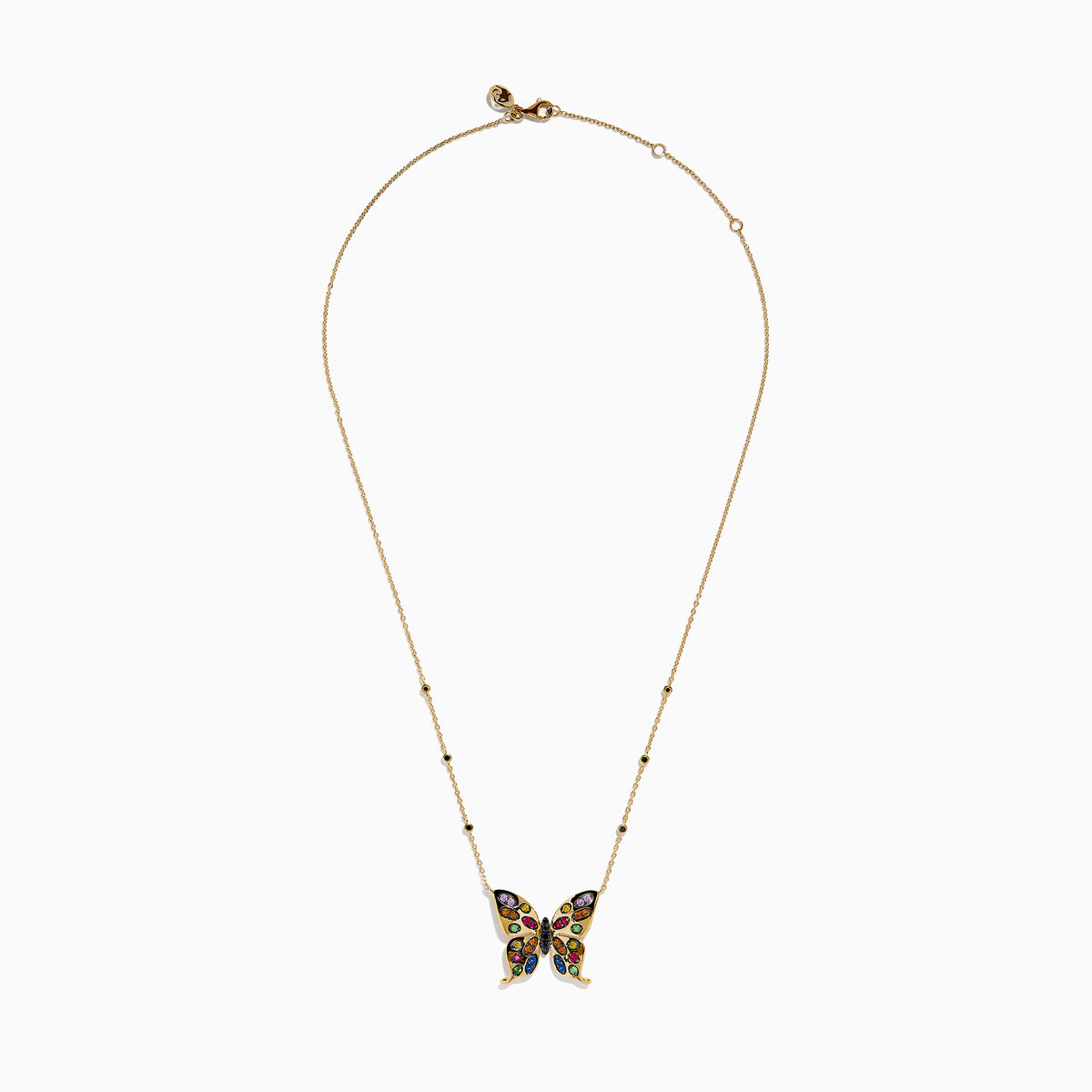 The Watercolors 14K Yellow Gold Multi Sapphire and Black Diamond Butterfly Necklace features a butterfly pendant with sapphire-adorned wings and a chain accented by evenly spaced black diamonds.
