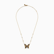 The Watercolors 14K Yellow Gold Multi Sapphire and Black Diamond Butterfly Necklace features a butterfly pendant with sapphire-adorned wings and a chain accented by evenly spaced black diamonds.
