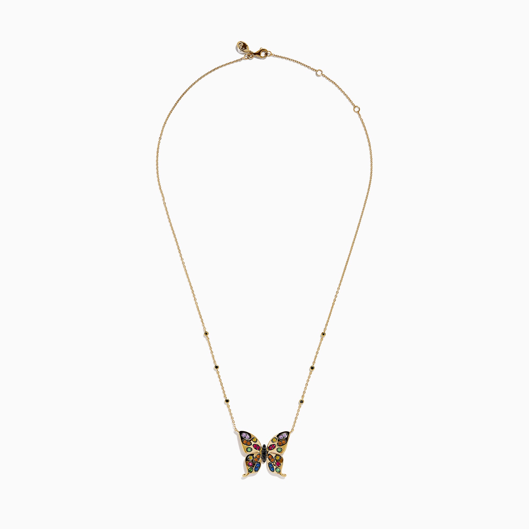 The Watercolors 14K Yellow Gold Multi Sapphire and Black Diamond Butterfly Necklace features a butterfly pendant with sapphire-adorned wings and a chain accented by evenly spaced black diamonds.