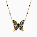 The Watercolors 14K Yellow Gold Multi Sapphire and Black Diamond Butterfly Necklace features a butterfly pendant with sapphire-adorned wings and a chain accented by evenly spaced black diamonds.