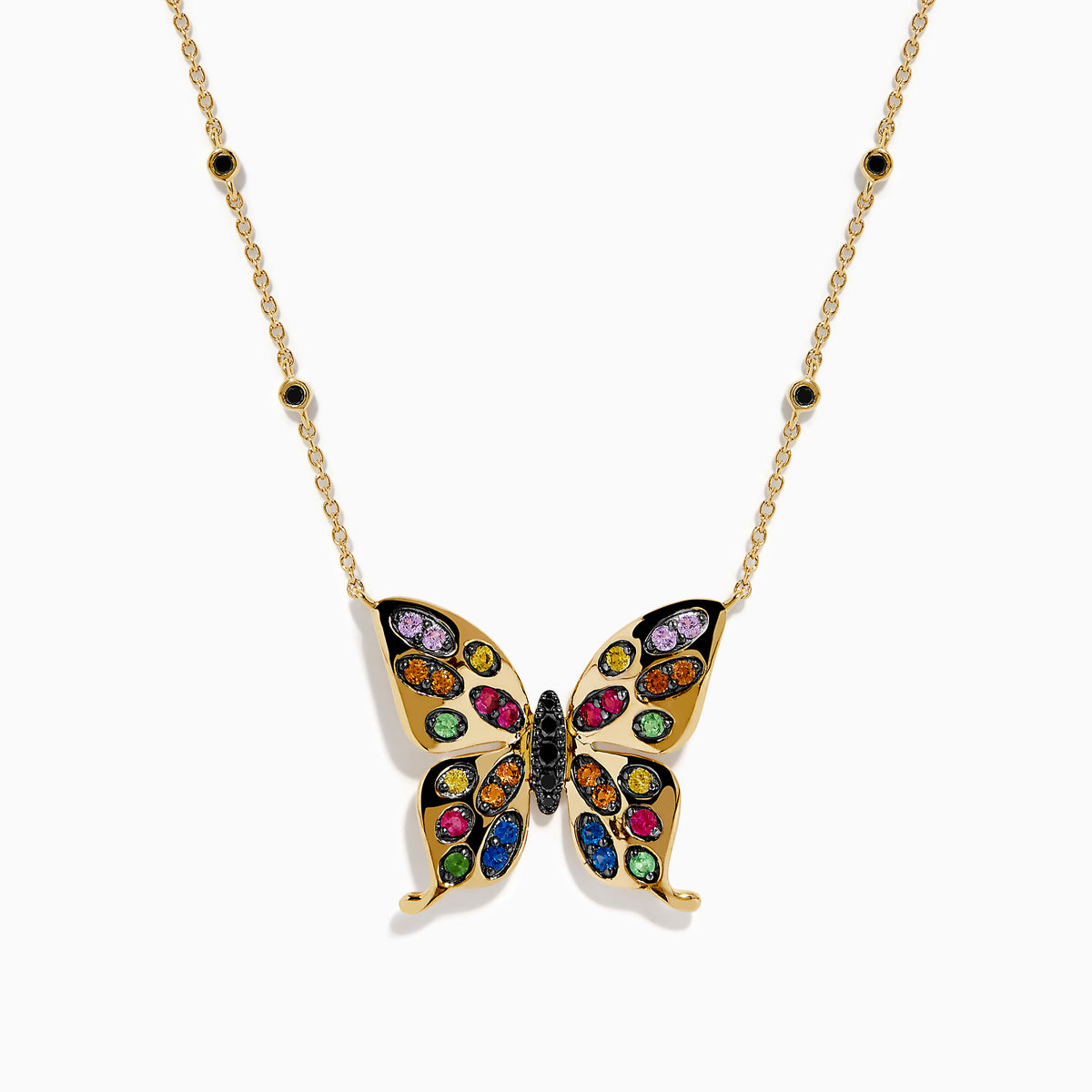 The Watercolors 14K Yellow Gold Multi Sapphire and Black Diamond Butterfly Necklace features a butterfly pendant with sapphire-adorned wings and a chain accented by evenly spaced black diamonds.
