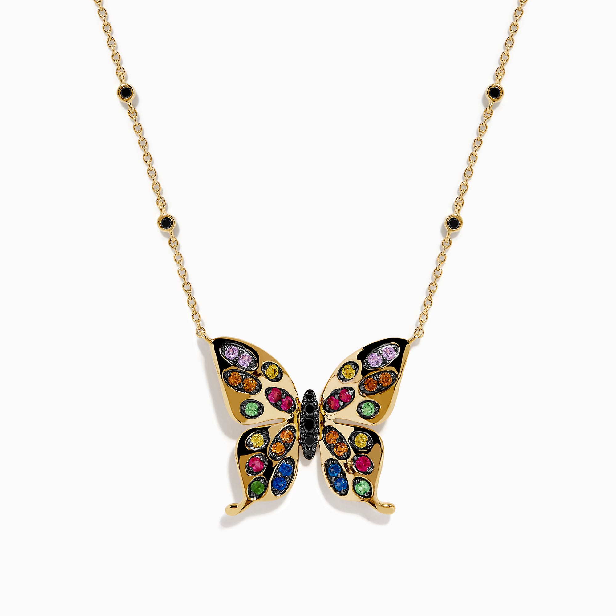 The Watercolors 14K Yellow Gold Multi Sapphire and Black Diamond Butterfly Necklace features a butterfly pendant with sapphire-adorned wings and a chain accented by evenly spaced black diamonds.