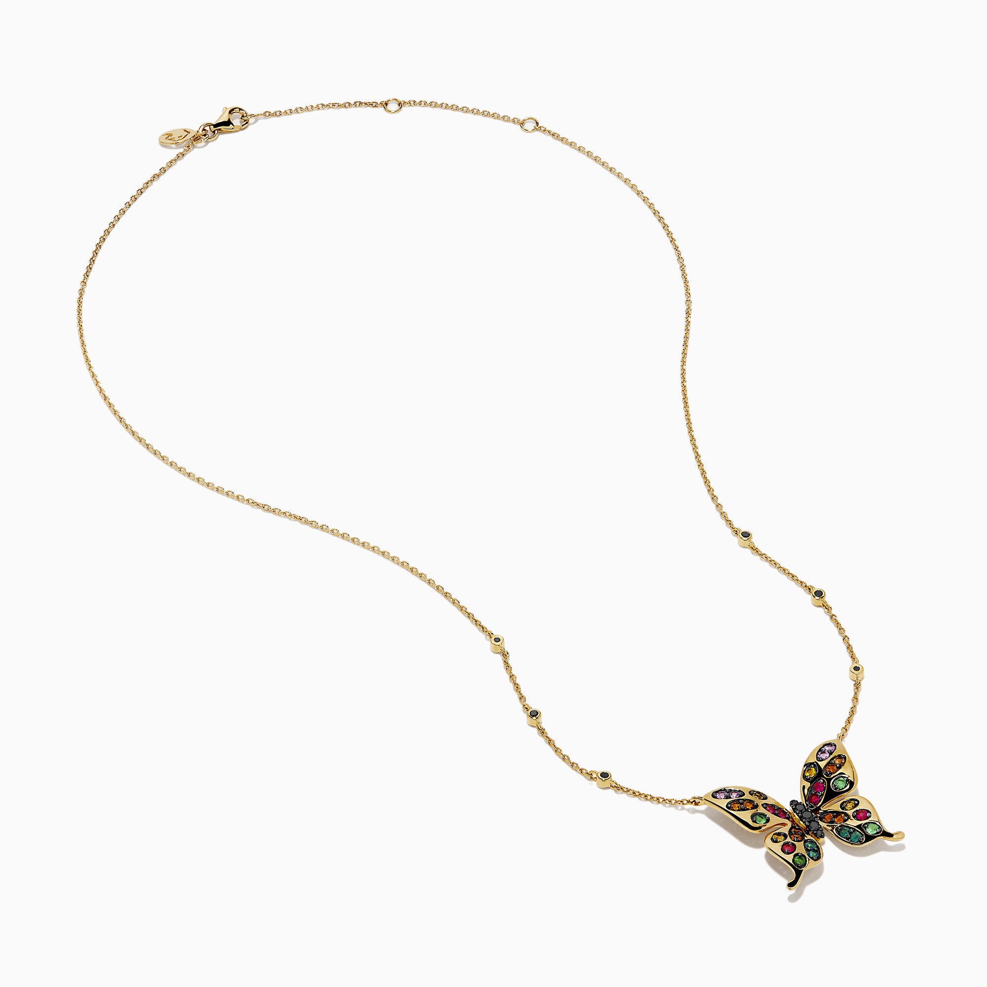 The Watercolors 14K Yellow Gold Multi Sapphire and Black Diamond Butterfly Necklace features a butterfly pendant with sapphire-adorned wings and a chain accented by evenly spaced black diamonds.