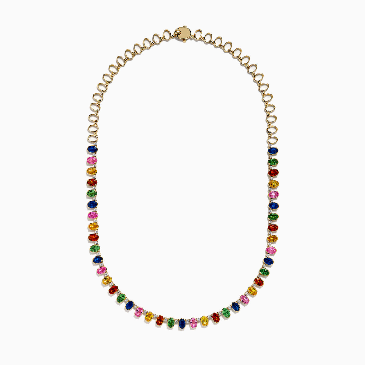 The Watercolor 14K Yellow Gold Multi Sapphire and Diamond Necklace features rectangular, multicolored sapphires and diamonds evenly spaced along its length, showcased on a white background.