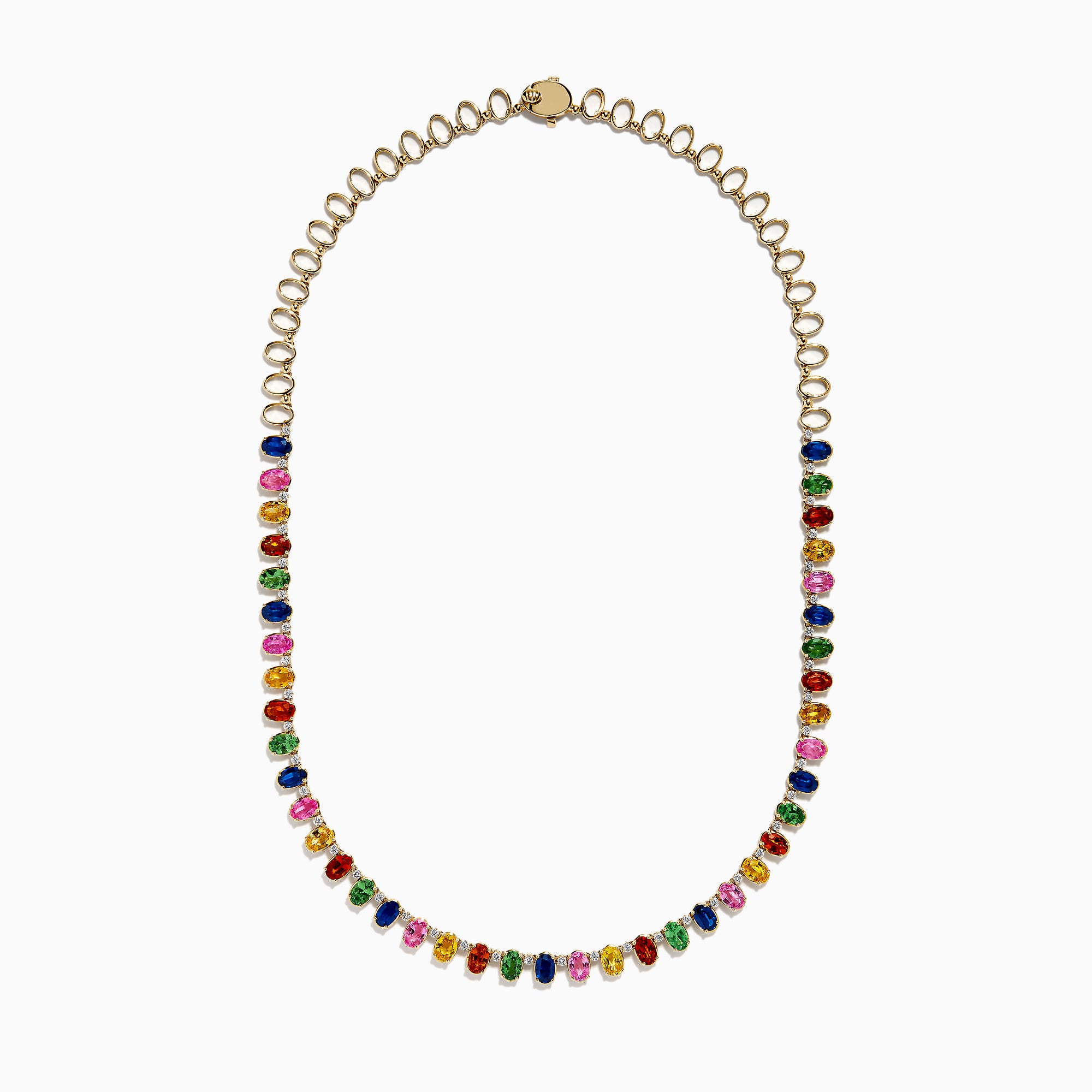 The Watercolor 14K Yellow Gold Multi Sapphire and Diamond Necklace features rectangular, multicolored sapphires and diamonds evenly spaced along its length, showcased on a white background.