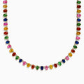 The Watercolor 14K Yellow Gold Multi Sapphire and Diamond Necklace features rectangular, multicolored sapphires and diamonds evenly spaced along its length, showcased on a white background.