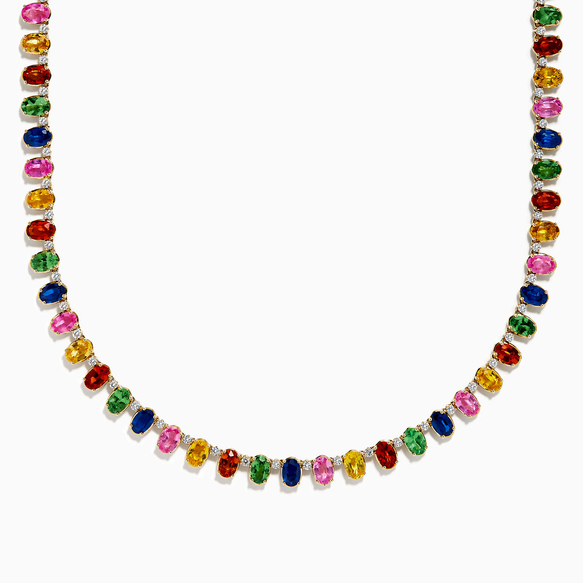 The Watercolor 14K Yellow Gold Multi Sapphire and Diamond Necklace features rectangular, multicolored sapphires and diamonds evenly spaced along its length, showcased on a white background.