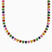 The Watercolor 14K Yellow Gold Multi Sapphire and Diamond Necklace features rectangular, multicolored sapphires and diamonds evenly spaced along its length, showcased on a white background.