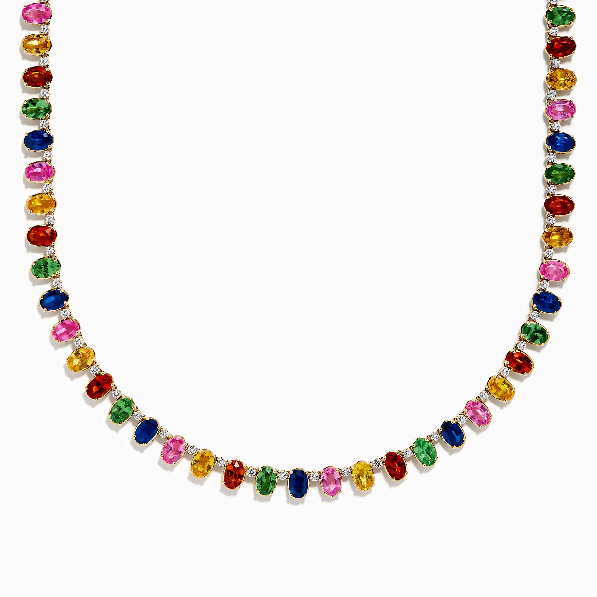 The Watercolor 14K Yellow Gold Multi Sapphire and Diamond Necklace features rectangular, multicolored sapphires and diamonds evenly spaced along its length, showcased on a white background.