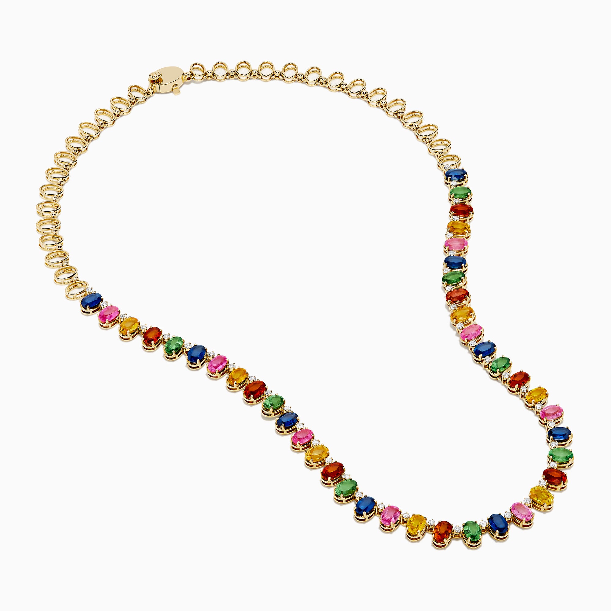 The Watercolor 14K Yellow Gold Multi Sapphire and Diamond Necklace features rectangular, multicolored sapphires and diamonds evenly spaced along its length, showcased on a white background.