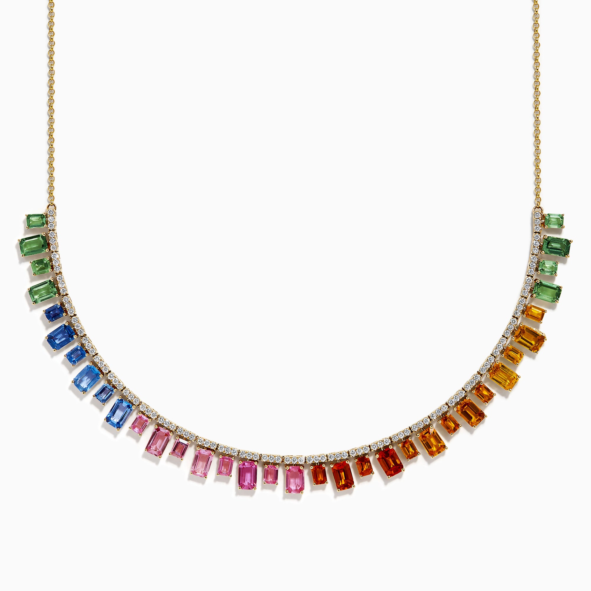 The 14K Yellow Gold Multi Sapphire and Diamond Collar Necklace showcases a curved row of white diamonds with green, blue, pink, orange, and yellow sapphires hanging below in a vibrant gradient design.