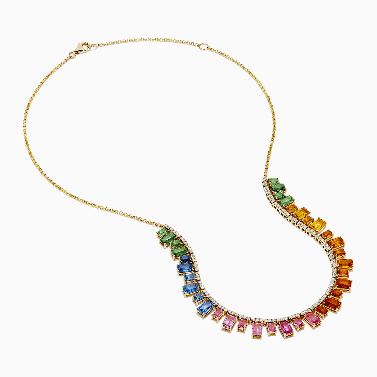 The 14K Yellow Gold Multi Sapphire and Diamond Collar Necklace showcases a curved row of white diamonds with green, blue, pink, orange, and yellow sapphires hanging below in a vibrant gradient design.