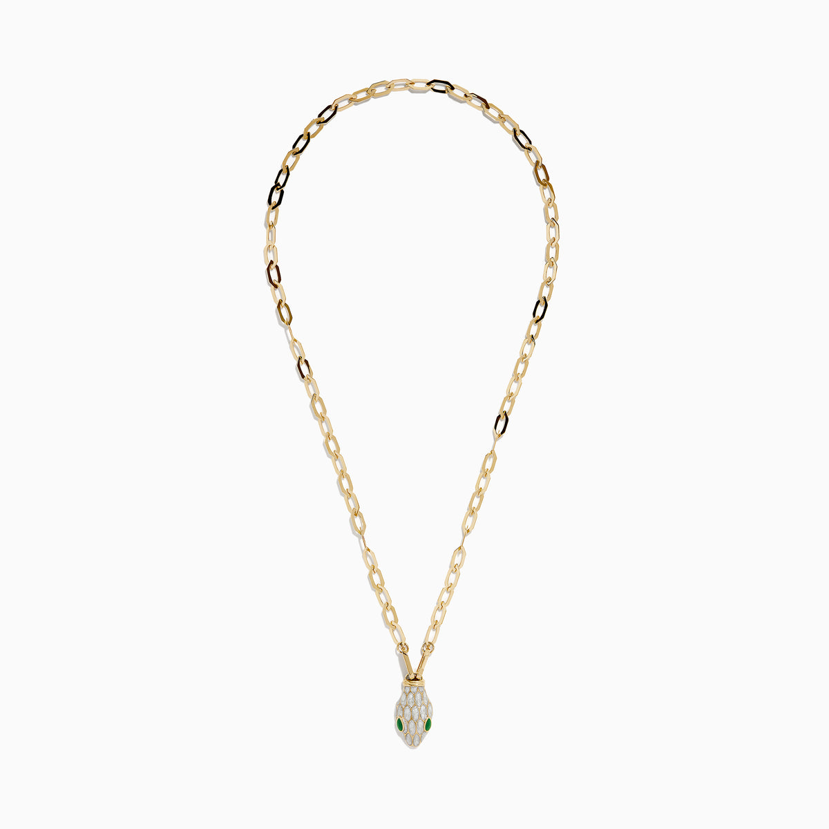 The 14K Yellow Gold White and Green Enamel Snake Paperclip Chain Necklace features a snake head pendant with white enamel scales and green accents, hanging elegantly from a sleek paperclip chain.