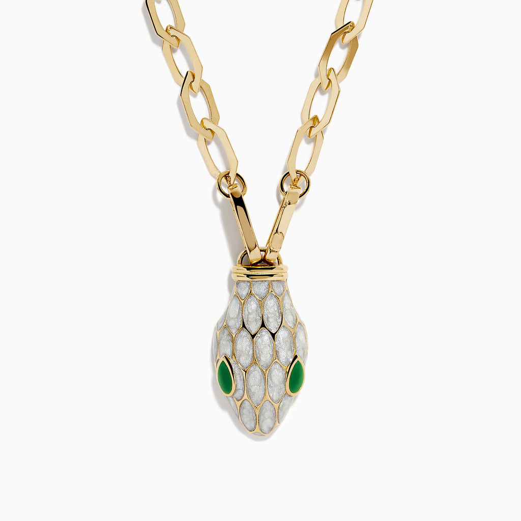 The 14K Yellow Gold White and Green Enamel Snake Paperclip Chain Necklace features a snake head pendant with white enamel scales and green accents, hanging elegantly from a sleek paperclip chain.